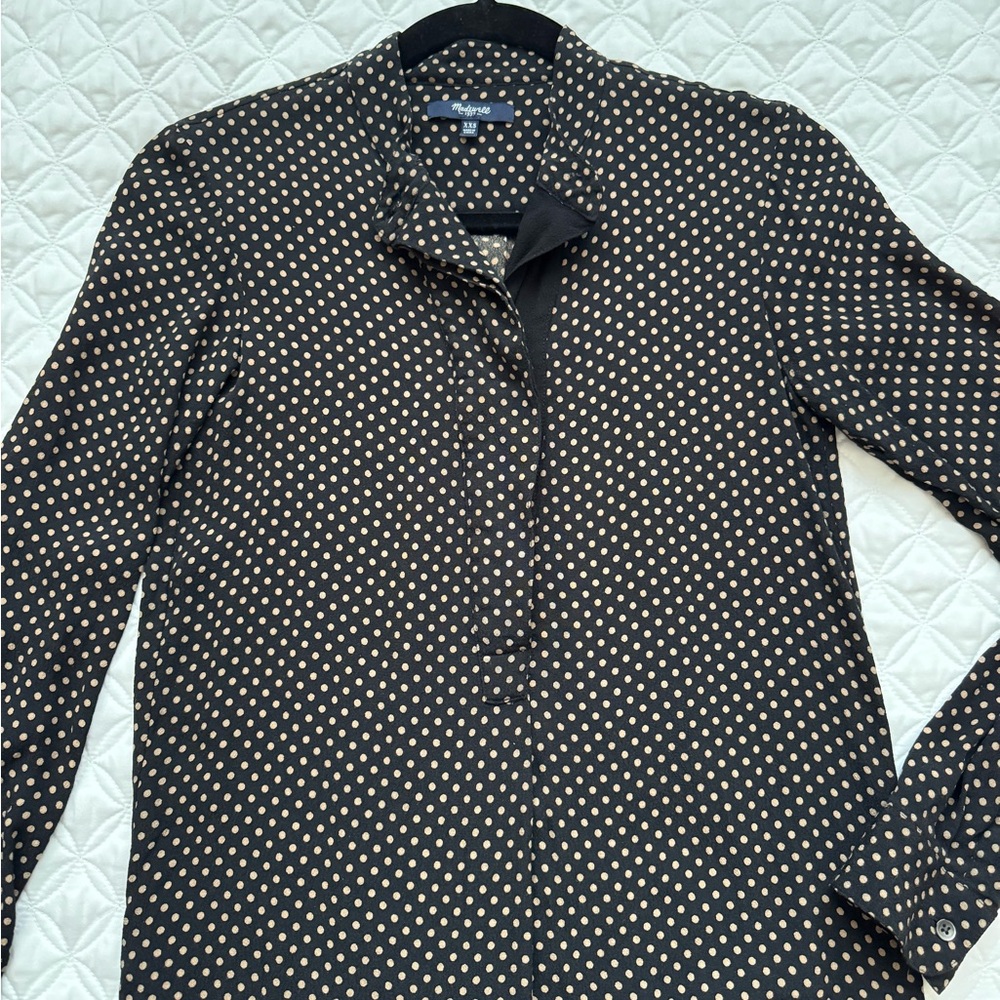 Madewell Black Tan Polka Dot Long Sleeve Tunic Shirt Dress Size XXS - Picture 2 of 15